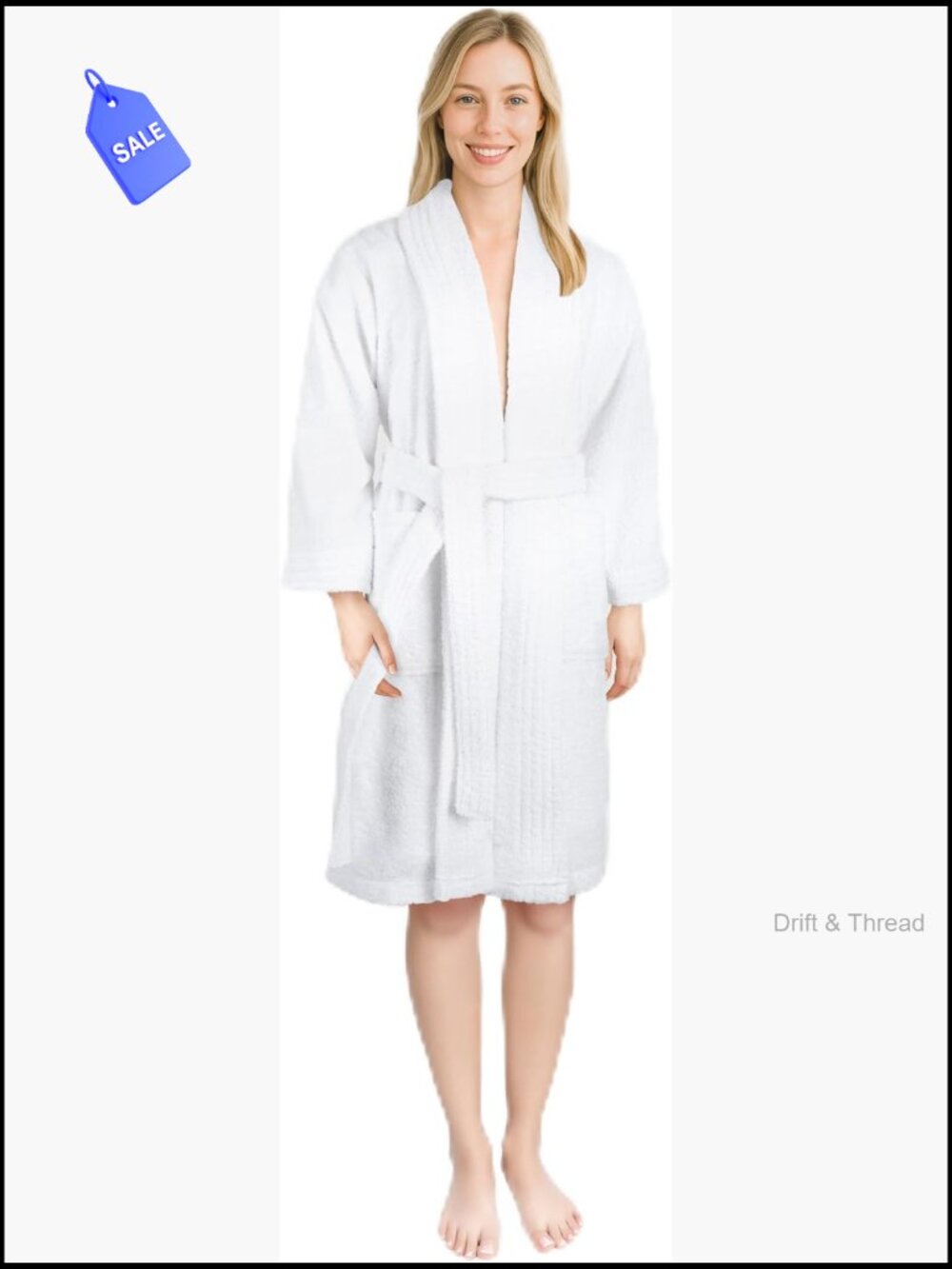 100% Cotton Terry Bathrobe, Shawl Collar, Tie Closure, Knee Length